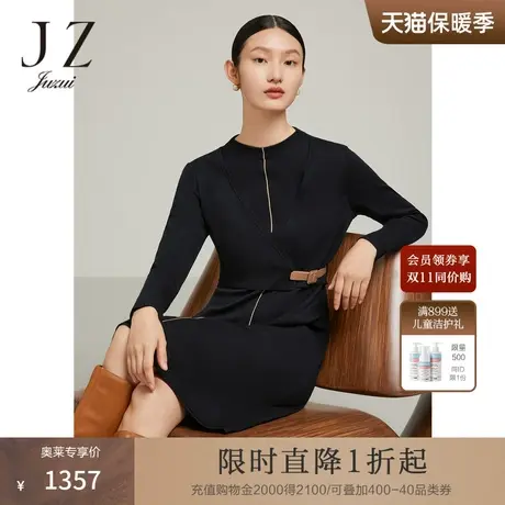 JZ玖姿假两件绵羊毛连衣裙女装2022冬季新款黑色收腰显瘦针织裙子商品大图