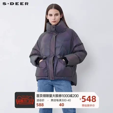 sdeer圣迪奥女装个性高领幻彩亮面拼接短款羽绒服S21462431🍍商品大图