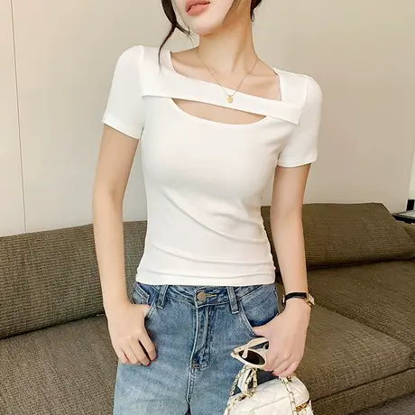 白色镂空短袖T恤女2025春夏季新款设计感小众修身显瘦百搭上衣女商品大图