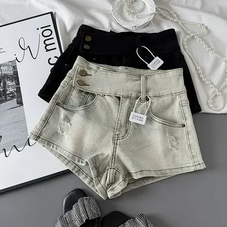 2025甜酷辣妹不规则腰头高腰牛仔短裤女夏季新款复古百搭a字热裤商品大图