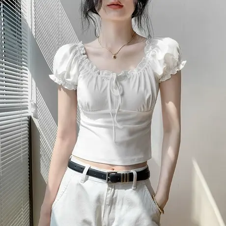莱赛尔法式小香风露锁骨泡泡袖t恤女夏新款甜辣短款chic短袖上衣图片