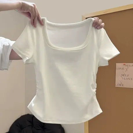 chic甜辣褶皱收腰短袖T恤女夏季修身小个子短款方领正肩半袖上衣商品大图