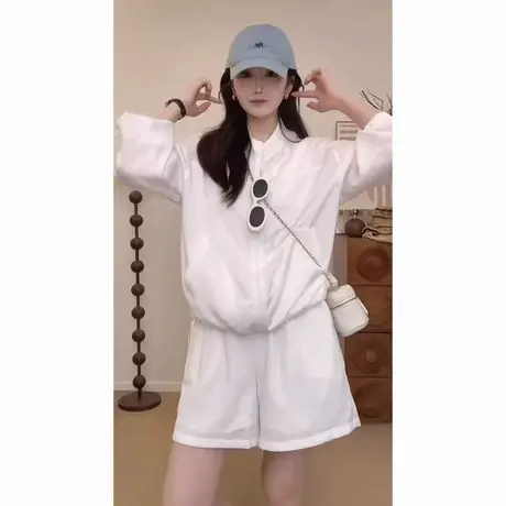 简约麻料外套短裤新品宽松百搭长袖套装2025夏季新款洋气休闲外套商品大图