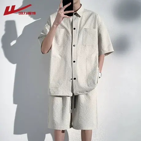 回力冰丝短袖衬衫套装男夏季薄款透气休闲半袖衬衣五分短裤两件套商品大图