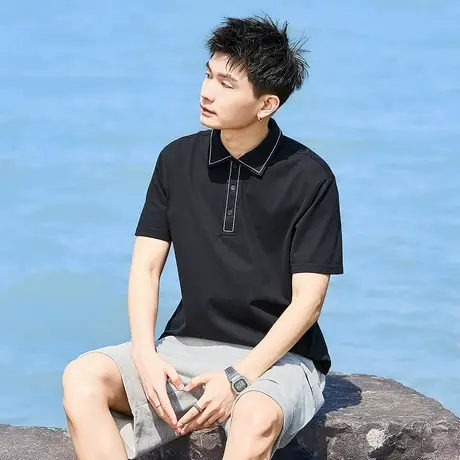 唐狮夏季新款男短袖polo衫简约黑色翻领上衣宽松学生T恤潮流商品大图