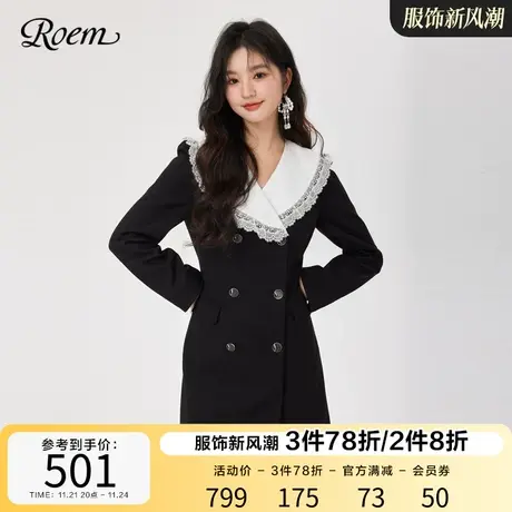 Roem甜美通勤连衣裙2023年春秋新款时尚优雅双排扣大翻领连衣裙图片