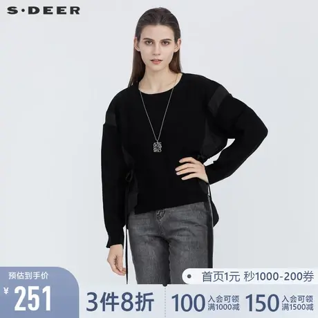 sdeer圣迪奥女装春秋装时尚圆领拼接收腰不规则针织女S21183515图片