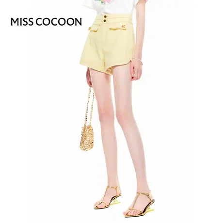 100%纯棉 COCOON可可尼 2025夏季新款嫩黄色双腰头下摆牛仔短裤女商品大图