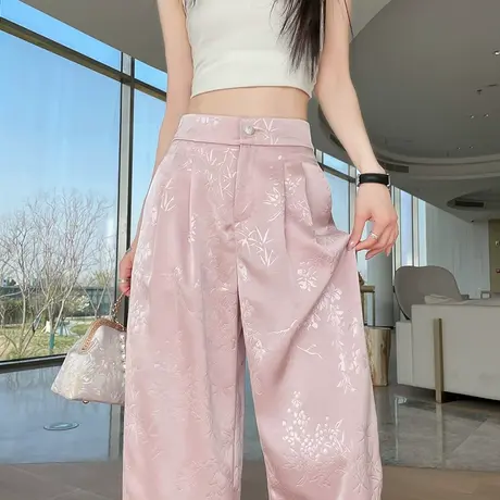 清仓 新中式提花醋酸阔腿裤女春夏季薄款高腰冰丝宽松直筒休闲裤商品大图
