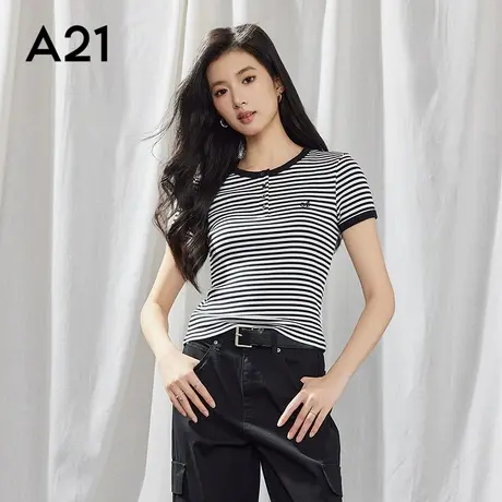 女装半开圆领条纹短袖T恤简约修身短款针织上衣商品大图