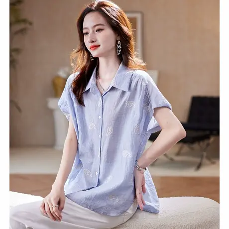 宝诗黎【新品价168元】翻领刺绣条纹短袖衬衫BV1190商品大图