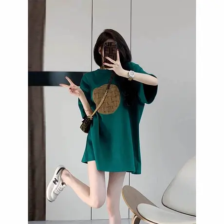 墨绿色短袖夏季纯棉宽松洋气女t恤欧货大版中长款遮屁股潮牌体恤商品大图