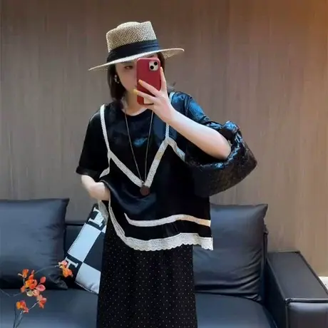 法式大码假两件短袖衬衫女夏2025新款钩花蕾丝拼吊带上衣撞色衬衣图片