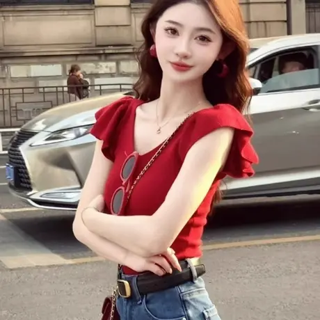 红色V领冰丝针织正肩短袖T恤女夏季修身超好看独特漂亮小飞袖上衣商品大图