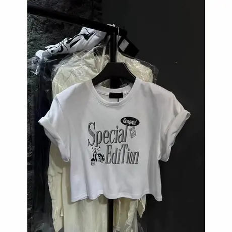 韩国东大门春夏新款美式修身显瘦短款字母印花圆领垫肩短袖T恤女商品大图