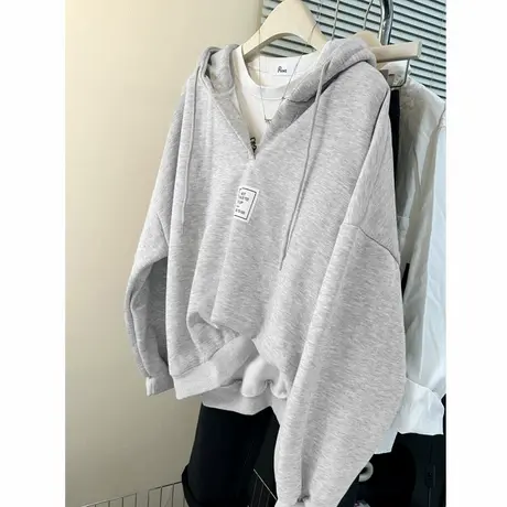 设计感小众V领连帽卫衣女春秋季薄款韩版宽松大码上衣外套慵懒风图片