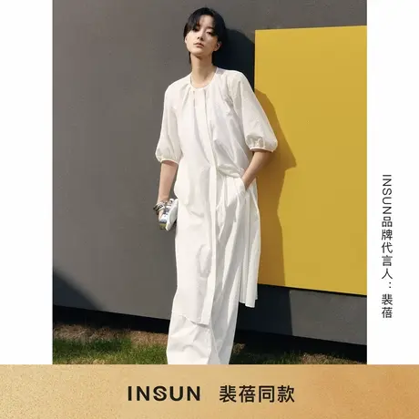 「裴蓓同款」INSUN恩裳2025夏季简约高腰捏褶白色阔腿裤商品大图