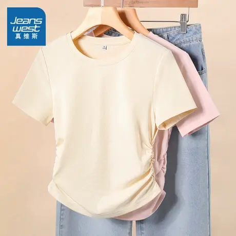 KMV真维斯杏色抽褶正肩短袖t恤女2025夏新款温柔气质别致短款上衣商品大图