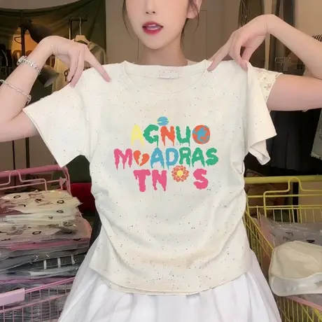 圆领新款彩虹波点高级感修身短袖t恤女夏季正肩短袖褶皱收腰上衣图片