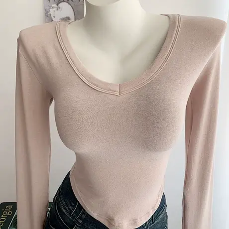 2024春夏韩系修身纯欲微透V领紧身短款显身材打底长袖T恤上衣女图片