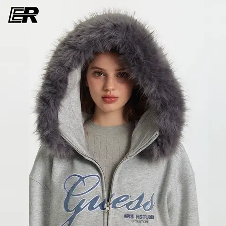 ER大毛领刺绣双拉链开衫卫衣男女秋季高街潮流宽松休闲插肩袖外套图片