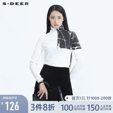 sdeer圣迪奥春装女装休闲高领撞色印花白色长袖打底T恤S20480213🤞商品大图