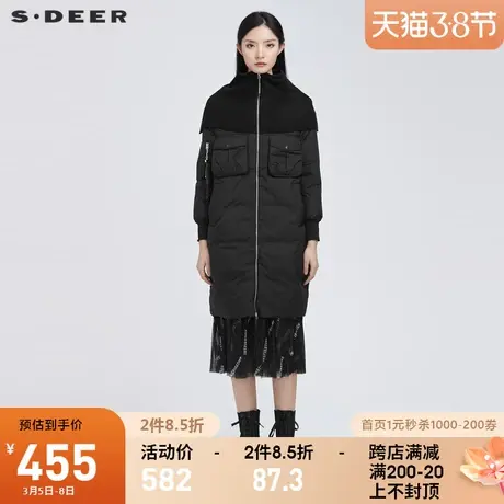 sdeer圣迪奥时尚针织拼接罗纹茧型宽松长款黑色羽绒服女S20482457图片