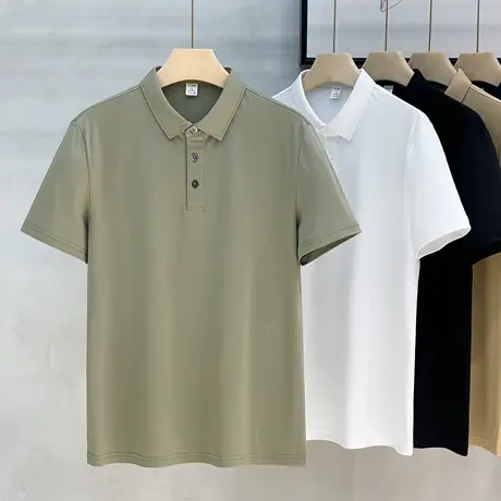 80支高密高端双丝光棉polo衫男翻领纯棉商务休闲黑色短袖t恤男装商品大图