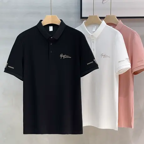 金线刺绣Polo衫男短袖潮牌痞帅翻领T恤男装2025新款春装薄款上衣商品大图