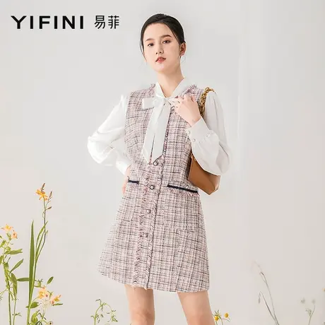 Yifini/易菲假两件合体连衣裙早春新款气质优雅小香风飘带裙子女图片