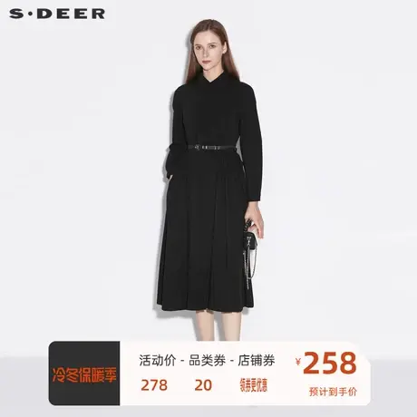 sdeer圣迪奥女装简约翻领抽褶衬衫黑色连衣裙S21361214商品大图