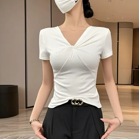 不规则V领扭结短袖t恤2025夏季新款百搭显瘦正肩气质减龄时尚小衫商品大图