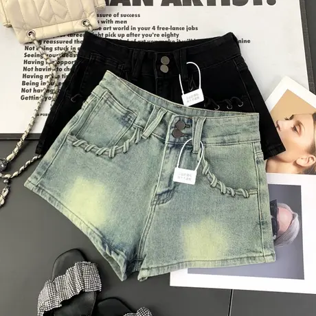 复古做旧两粒扣牛仔短裤女2024夏季新款显瘦百搭高腰包臀a字短裤图片