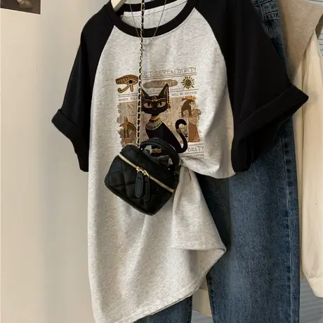 大码古着插肩袖T恤胖妹妹显瘦独特别致chic上衣夏短袖女复古港味图片