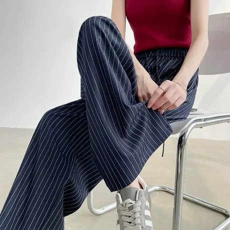 牛仔蓝条纹阔腿裤女夏季薄款高腰宽松慵懒显瘦垂感直筒拖地休闲裤商品大图