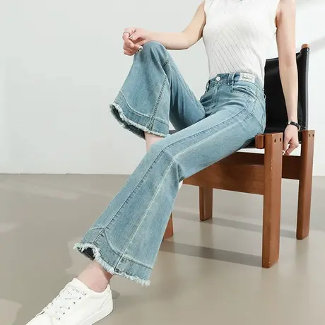 毛边四面弹微喇牛仔裤女夏季薄款九分小个子大码胖mm高腰喇叭裤子图片