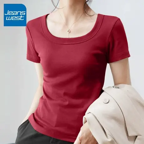 KV真维斯红色正肩女t恤2025新款夏季u领修身显瘦方领短袖短款上衣商品大图