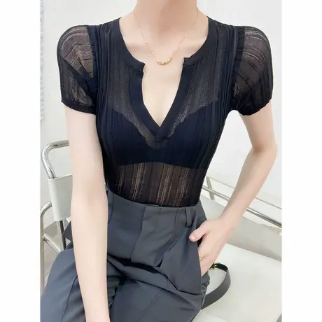 欧洲站女装夏装减龄显瘦别致上衣修身百搭薄款时尚短袖微透t恤潮商品大图