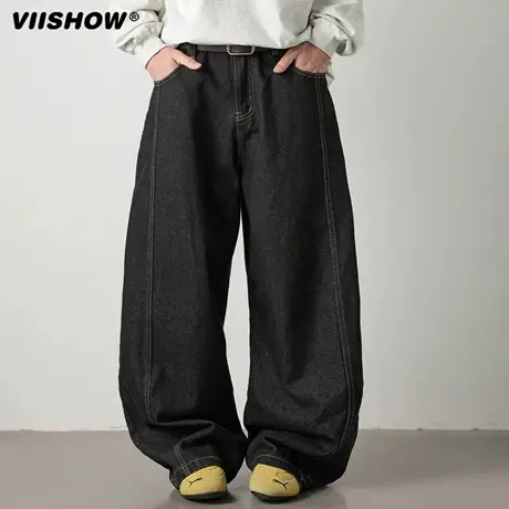 VIISHOW美式复古丹宁阔腿弯刀牛仔裤男分割拼接直筒宽松休闲长裤商品大图