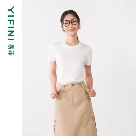 Yifini/易菲多彩桑蚕丝圆领短袖T恤女装夏装新款宽松纯色百搭上衣商品大图