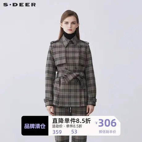 sdeer圣迪奥女装英伦风翻领撞色格纹收腰短款风衣S21381708图片