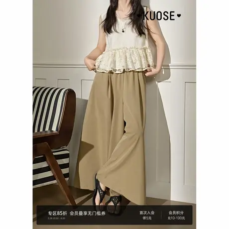阔色卡其色裙裤宽松阔腿休闲裤女装2025夏季新款木耳边慵懒长裤商品大图