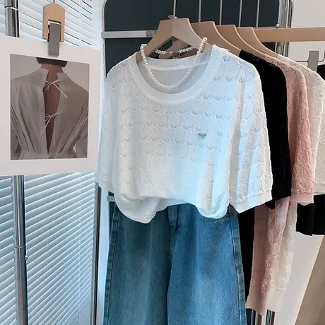 圆领冰丝镂空针织衫女2025春夏新款套头外穿蕾丝上衣薄短袖t恤衫商品大图