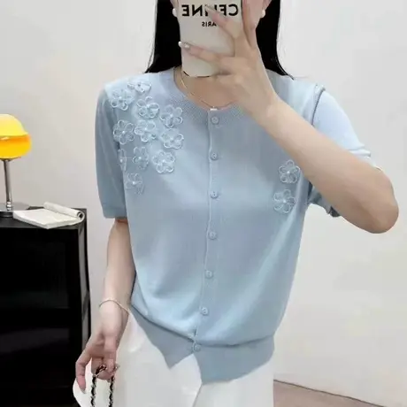 2025年夏季新款圆领花朵针织短袖开衫女y恤半袖洋气百搭宽松上衣商品大图