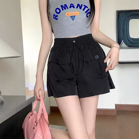 胖mm大码女装夏季休闲松紧腰运动短裤女高腰宽松显瘦阔腿热裤子薄商品大图