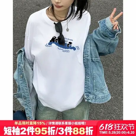 街头风设计感小众潮牌白色短袖t恤女大版宽松卡通印花正肩上衣夏商品大图