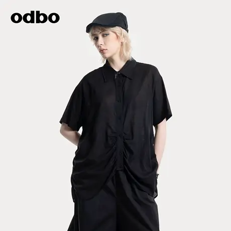 odbo/欧迪比欧衬衣女款2025新款夏季宽松不规则褶皱原创设计短袖图片