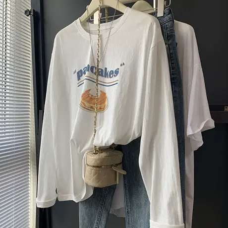 夏季新款韩版宽松休闲百搭长袖T恤女圆领套头雪花棉防晒罩衫休闲商品大图