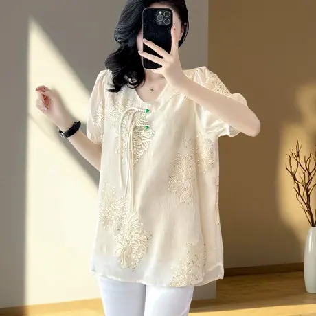设计感新中式雪纺t恤女短袖2025夏季新款v领小衫高级宽松妈妈上衣商品大图
