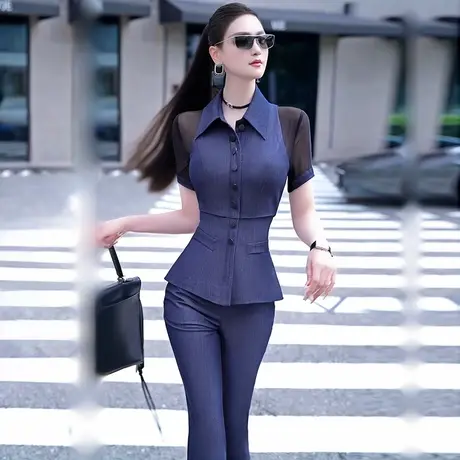 网纱拼接仿牛仔衬衫喇叭裤两件套2025夏季新款定制款气质干练套装商品大图